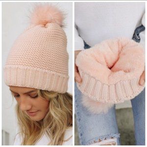 BLUSH FAUX FUR LINED BEANIE